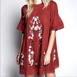 Free People Floral Embroidered Rust Red 100% Cotton Swing Dress Size XS